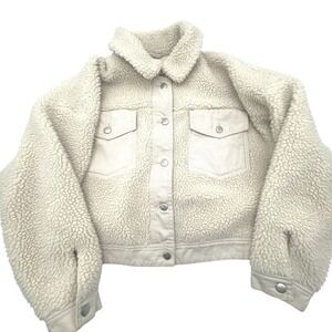 ZARA Women's Large Shearling Cream Beige Denim Trucker Biker Jacket Pockets Coat